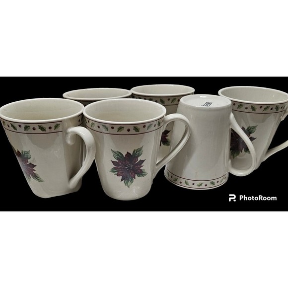 Set Of 6 Vintage Merry Brite 4” Porcelain CHRISTMAS POINSETTIA & HOLLY Mugs - Picture 2 of 7